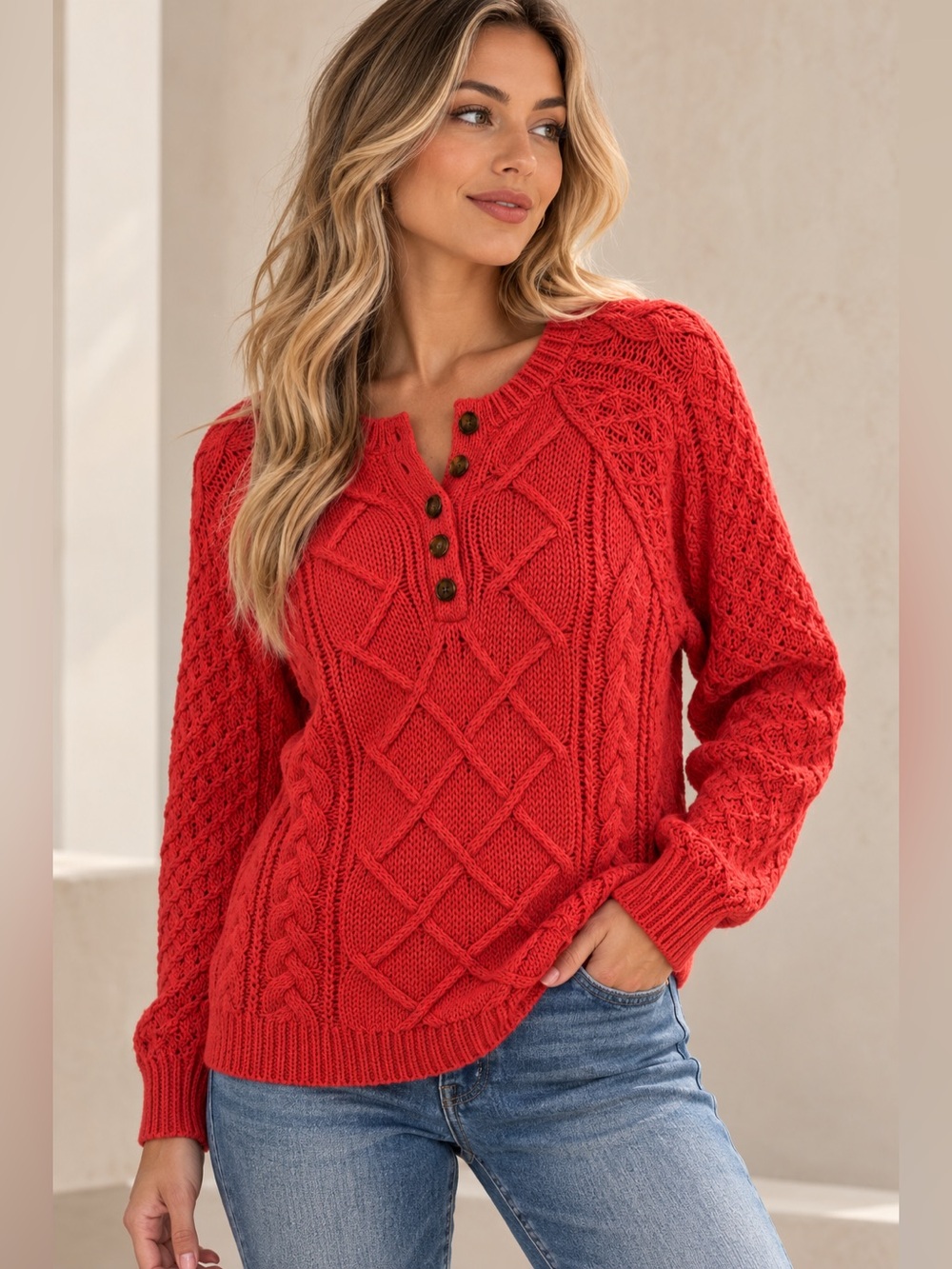 Ann Taylor LOFT Cable Knit Henley Pullover Sweater Orange Size S